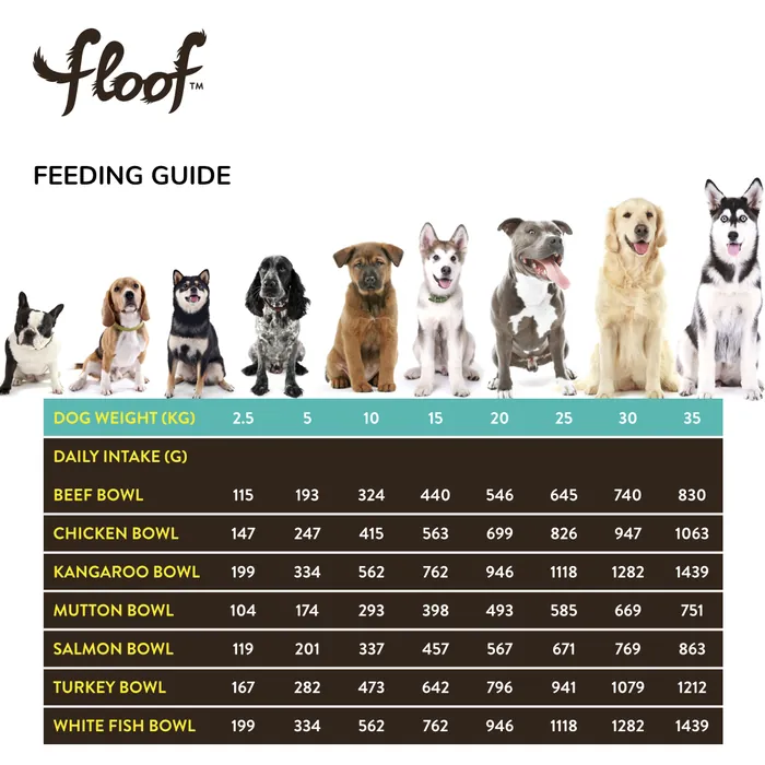 Floof feeding guide, daily grams by dog weight for each bowl